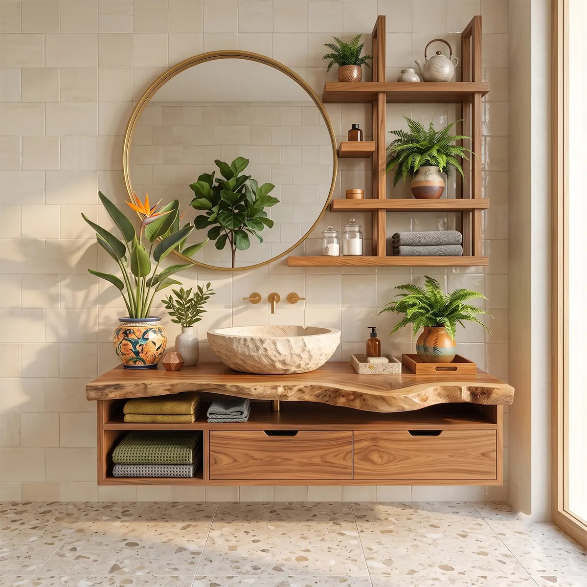 Floating Solid Wood Bathroom Vanity with Drawers & Open Shelves | Wall Mounted Bathroom Vanity with Live Edge Countertop TT006-8CNN1NN