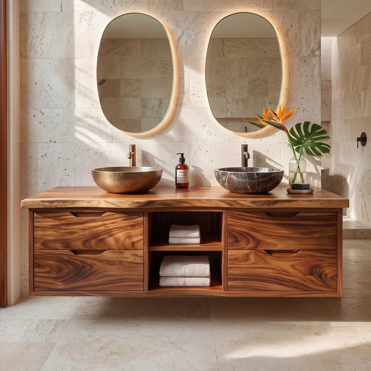 Double Sink Floating Solid Wood Bathroom Vanity | Modern Bathroom Vanity with Four Drawers and Open Shelves TT006-9FKJ3AR