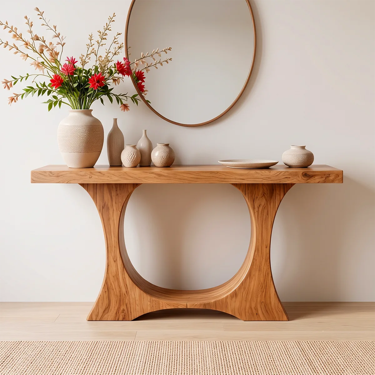 Modern Wooden Console Table with Sculptural Circular Base for Entryway & Hallway TT006-5238