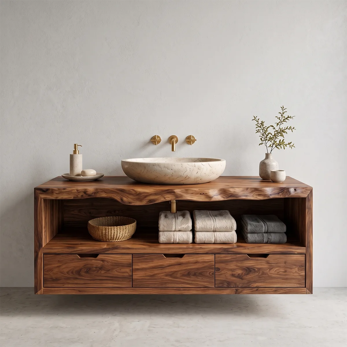 Floating Solid Wood Bathroom Vanity | Live Edge Bathroom Vanity with Three Soft-Close Drawers and Open Shelf TT006-3KMK1JL