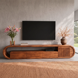 Modern TV Stand with 3 Drawers, Open Shelf & Fluted Cabinet | Curved Media Console