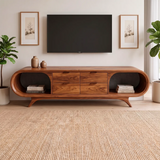 Modern Curved TV Stand with 4 Drawers & 2 Open Shelves | Sculptural Media Console