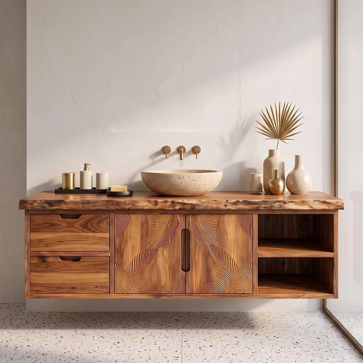 Floating Solid Wood Bathroom Vanity | Modern Bathroom Vanity with Drawers, Cabinet and Open Shelf TT006-6VOS2CB