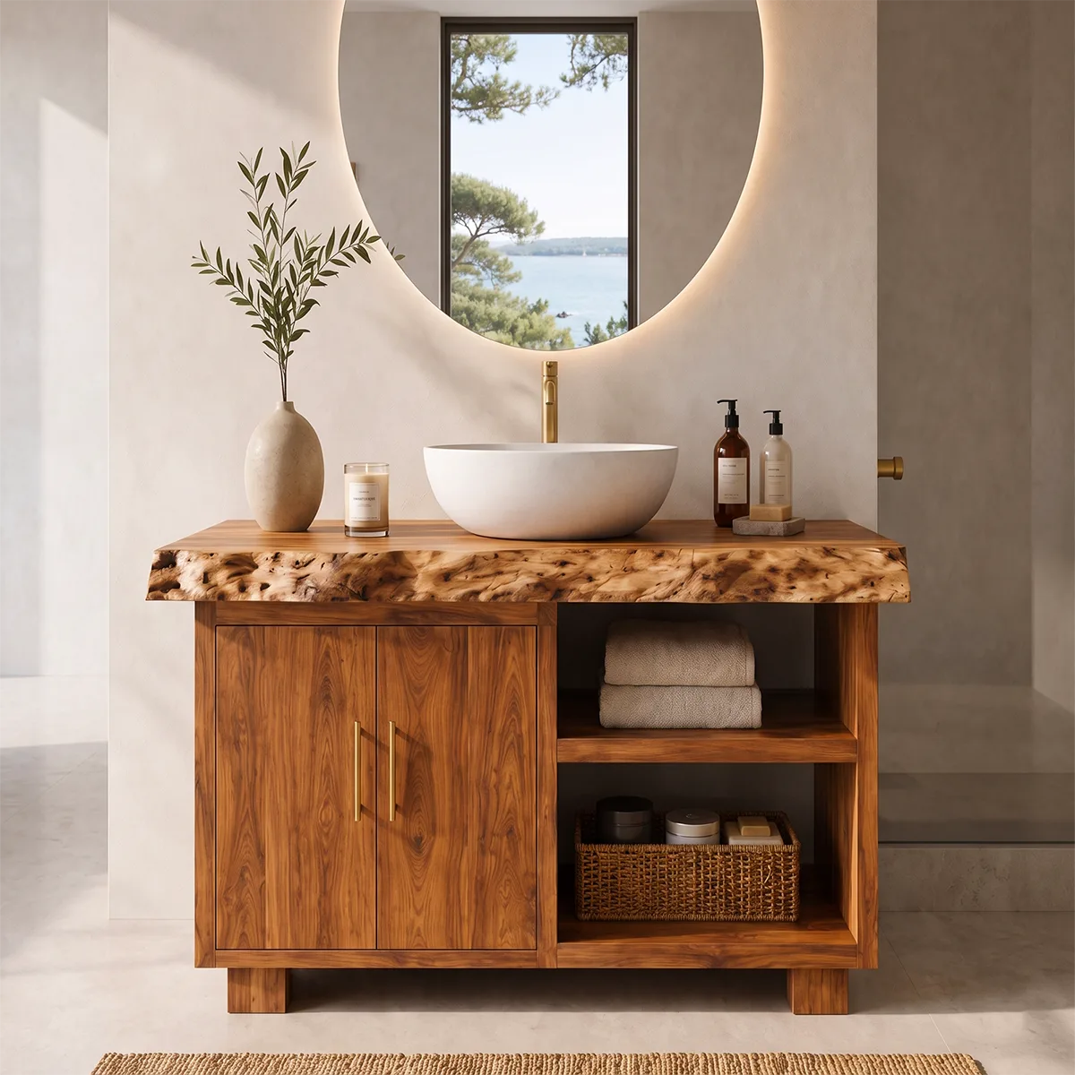 Freestanding Bathroom Vanity with 2 Doors & Open Shelves | Live Edge Vanity Cabinet with Storage