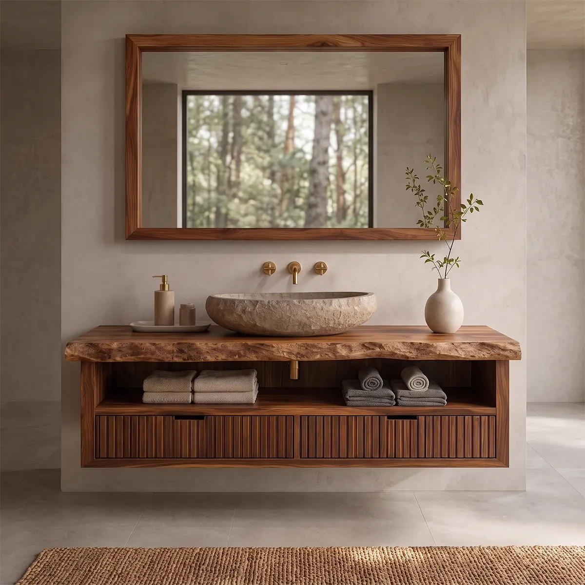 Floating Solid Wood Bathroom Vanity | Live Edge Bathroom Vanity with Fluted Drawers and Open Shelf TT006-8ZMT8QZ