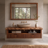 Floating Solid Wood Bathroom Vanity | Live Edge Bathroom Vanity with Fluted Drawers and Open Shelf TT006-8ZMT8QZ