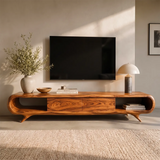 Sculptural Curved TV Stand with Open Shelves & Concealed Storage | Modern Low Profile Media Console