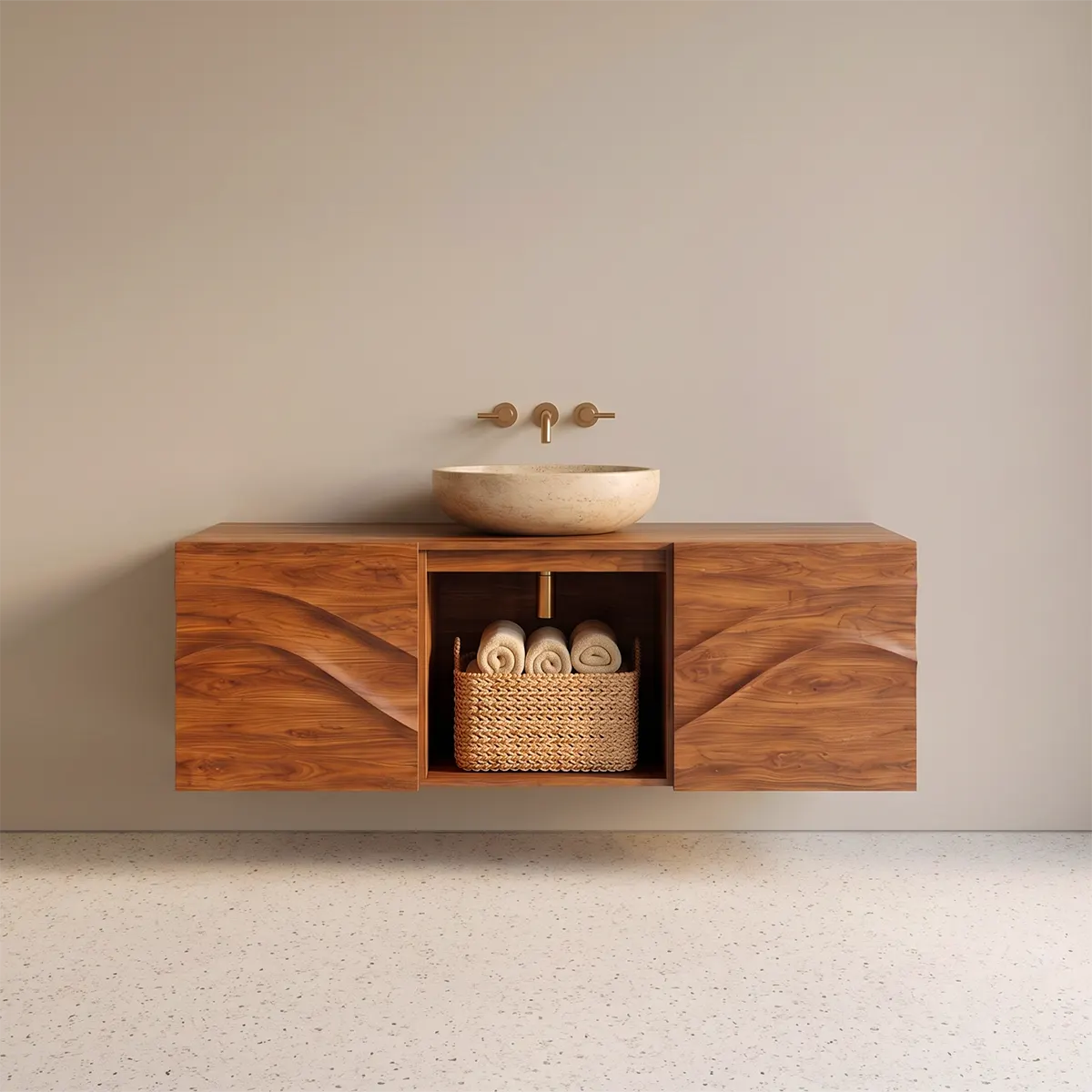 Floating Bathroom Vanity with 2 Sculpted Wave Doors & Center Open Storage Compartment