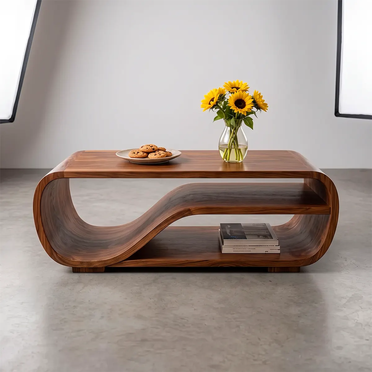 Curved Solid Wood Coffee Table with Storage | Modern Sculptural Living Room Center Table TT006-2757