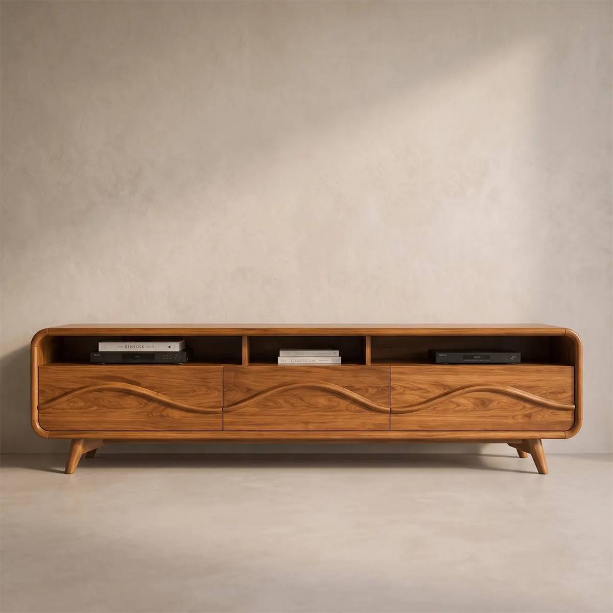 Modern Wave Front TV Stand with 3 Drawers & Open Storage | Curved Entertainment Console