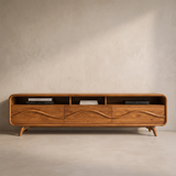 Modern Wave Front TV Stand with 3 Drawers & Open Storage | Curved Entertainment Console