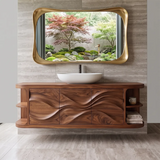 Modern Floating Bathroom Vanity with Wave Carved Doors & Open Shelves | Solid Wood Wall Mounted Bathroom Vanity TT006-8NEC3KF