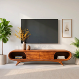 Sculptural Curved TV Stand with 2 Concealed Storage Compartments & Open Shelves | Modern Media Console