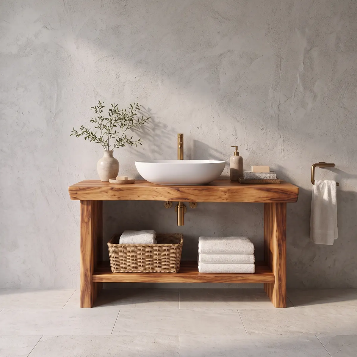 Freestanding Bathroom Vanity with Open Shelf | Organic Modern Bathroom Storage
