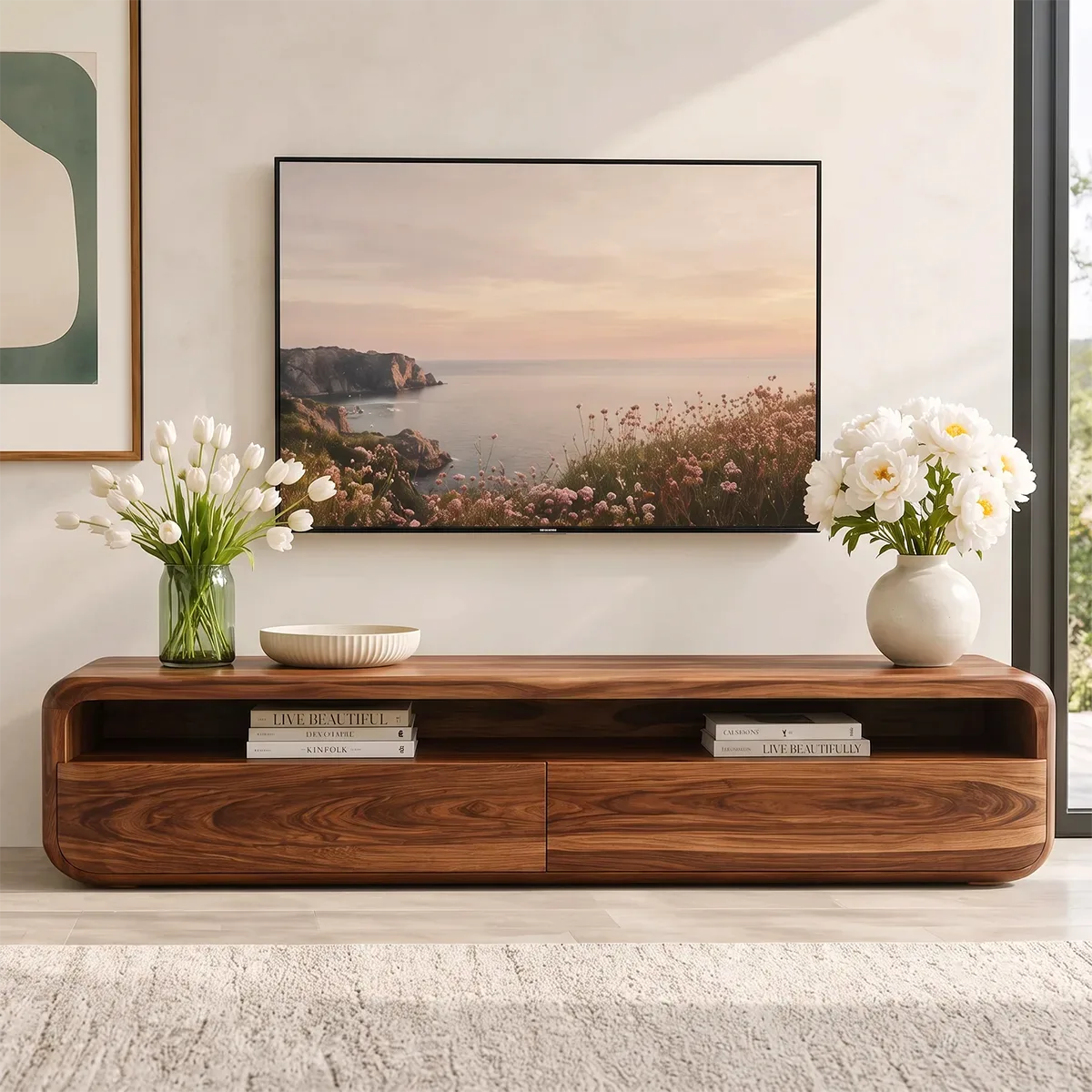 Modern TV Stand with Open Shelf & 2 Large Drawers | Minimalist Media Console TT006-2PMS8ZG