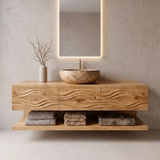 Floating Bathroom Vanity with 3 Drawers & Full-Length Open Shelf | Sculptural Wave Front Design