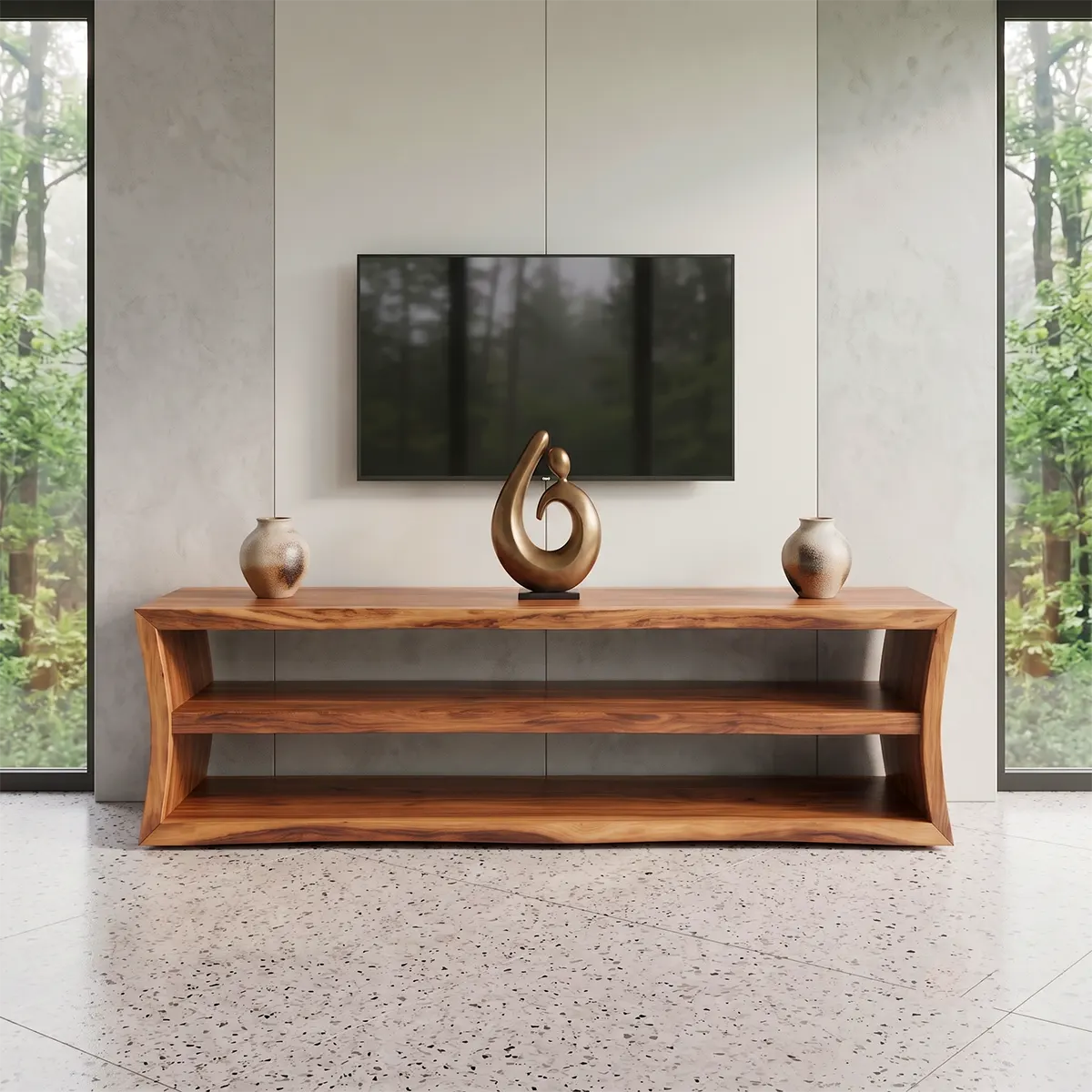 Modern Open Shelf TV Stand – Low Profile Media Console with 2-Tier Storage