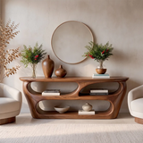 Modern Wooden Console Table with Open Shelves & Sculptural Organic Design TT006-5635