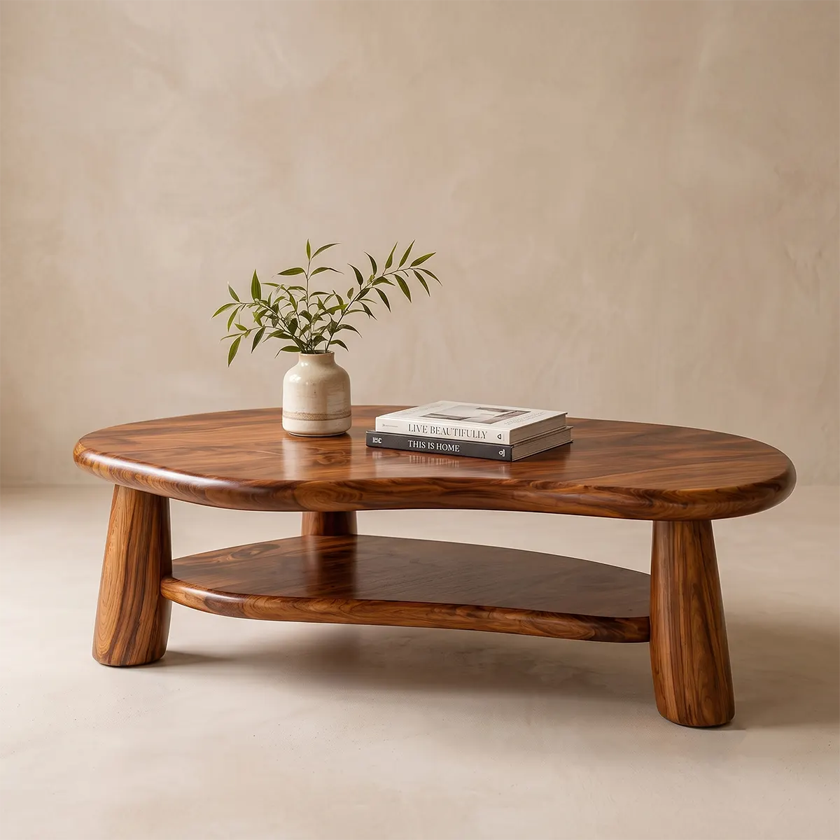 Organic Solid Wood Coffee Table with Storage Shelf | Modern Rustic Living Room Table TT006-2547