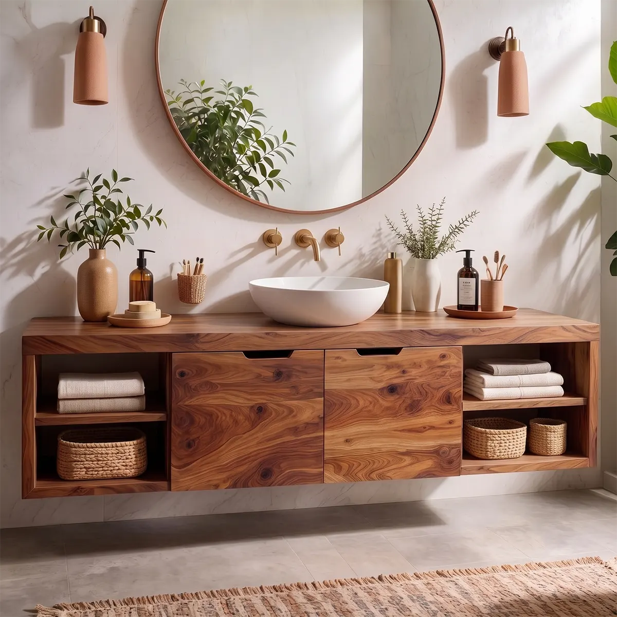Floating Solid Wood Bathroom Vanity | Wall Mounted Single Sink Vanity with Double-Door Cabinet & Open Shelves TT006-9KLL6LF