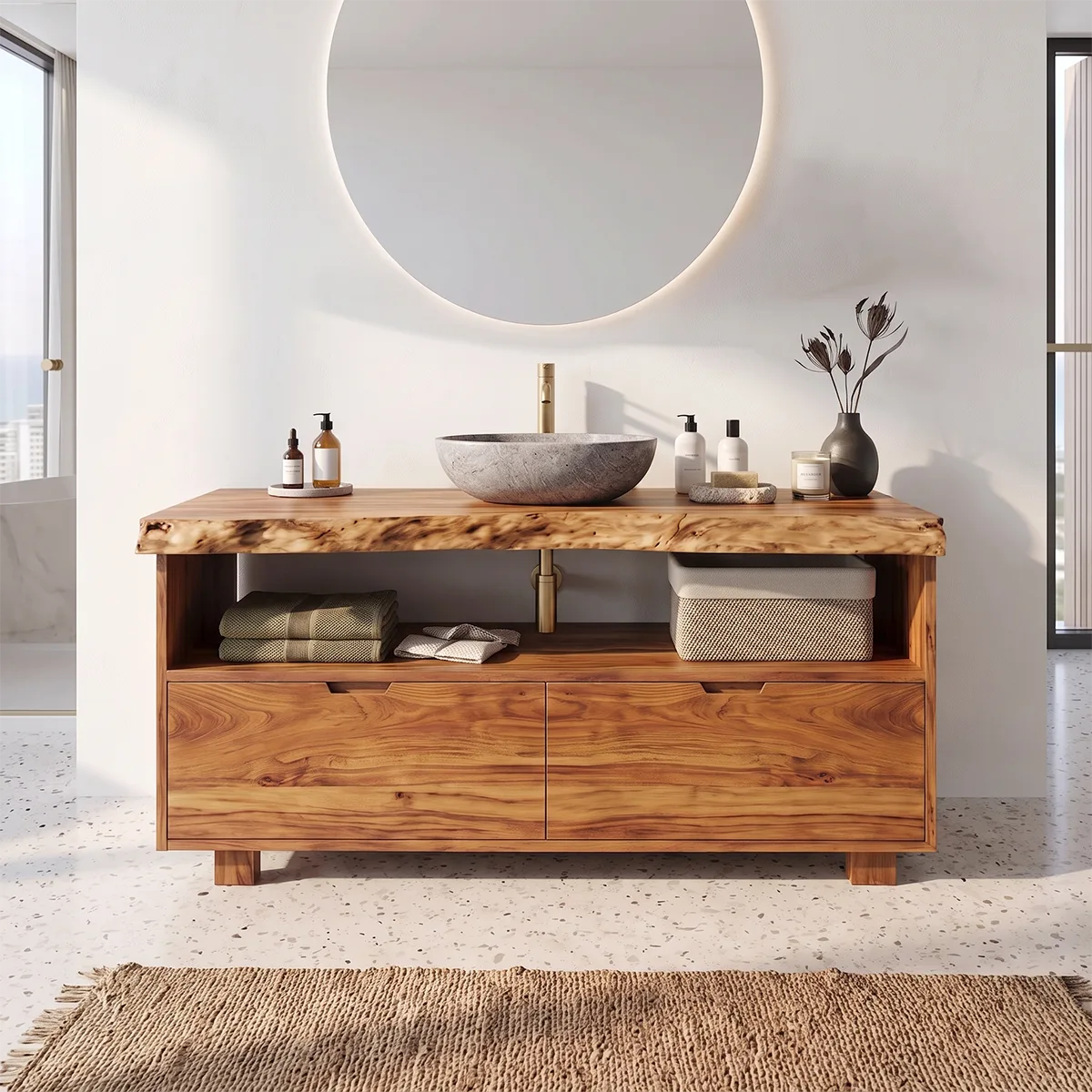 Freestanding Bathroom Vanity with 2 Drawers & Open Shelf | Live Edge Modern Organic Design