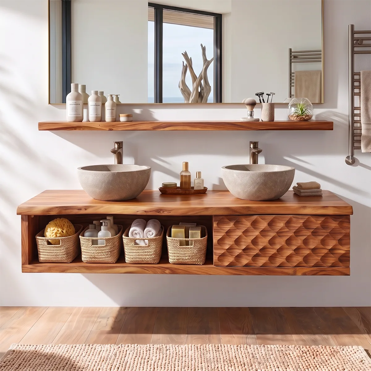 Floating Double Sink Solid Wood Bathroom Vanity | Modern Wood Vanity with Open Shelf & Carved Hinged Cabinet TT006-1ERI1VM