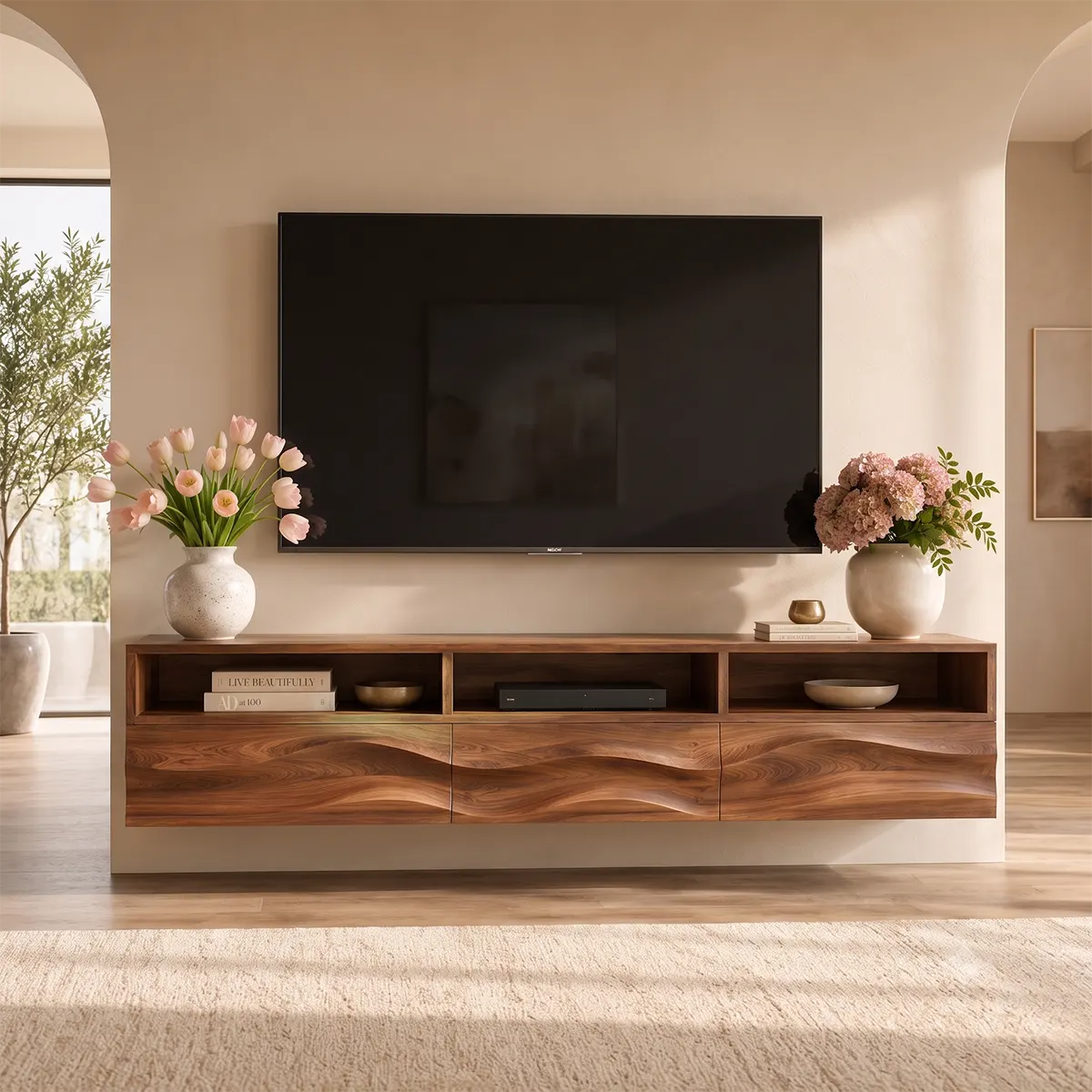 Floating TV Stand with Open Shelving & Three Drawers | Organic Modern Media Console TT006-5IOW6DK