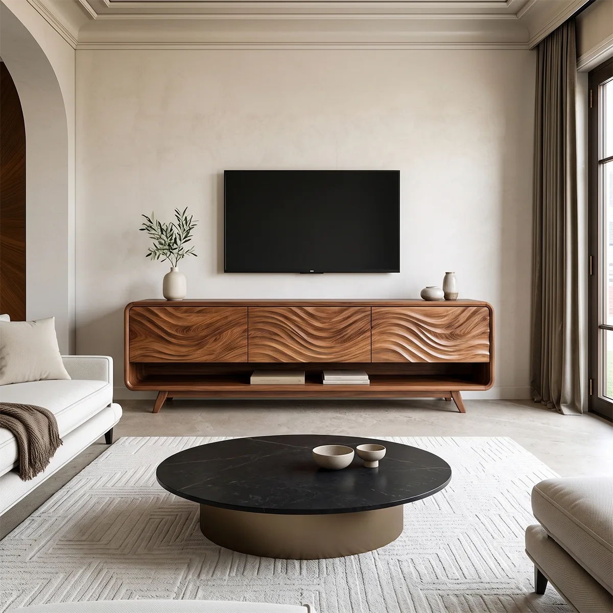 Wave Carved TV Stand with 3 Drawers & Open Shelf | Modern Media Console TH003-7KHK3MC