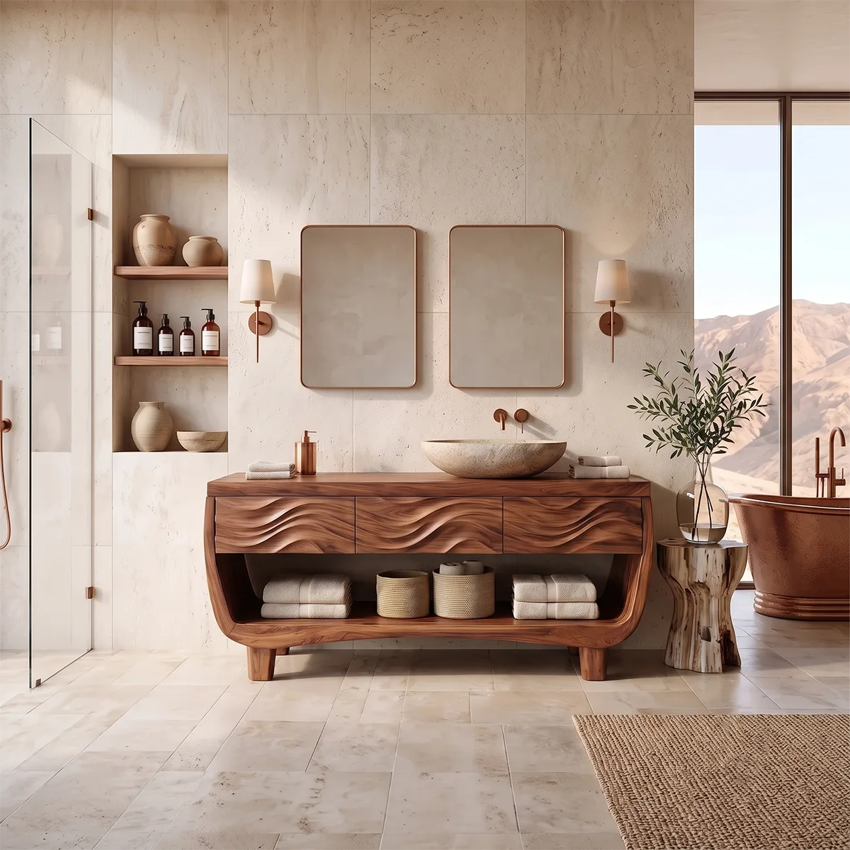 Sculptural Bathroom Vanity with Carved Wave Drawers & Open Storage Shelf