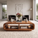 Modern Rectangular Coffee Table with Open Shelf | Rounded Edge Living Room Center Table