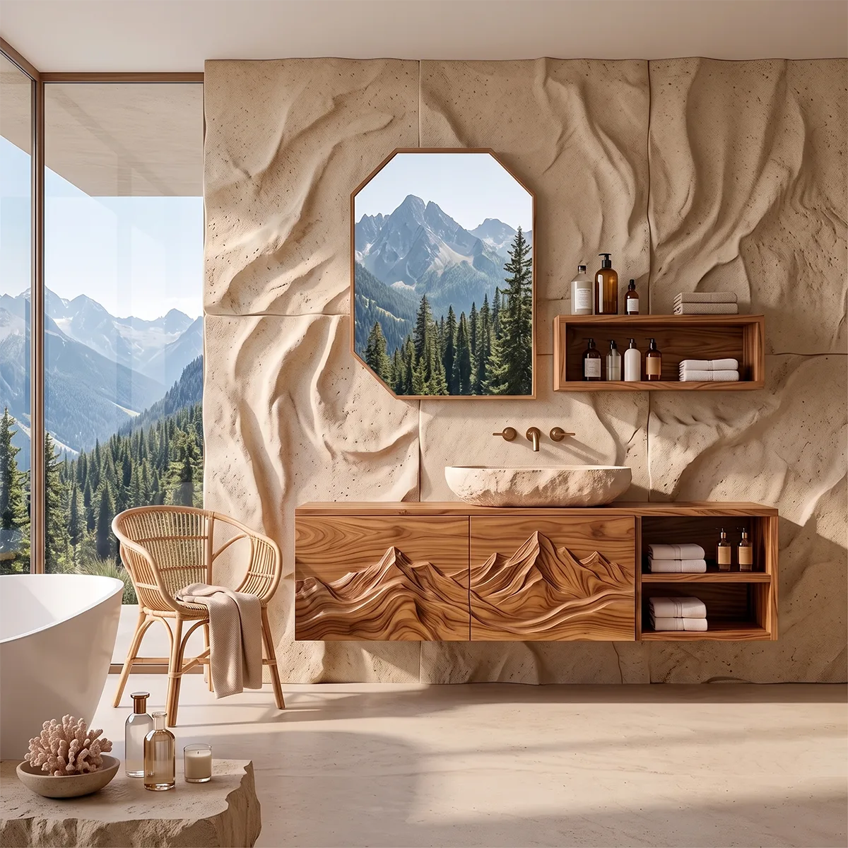 Floating Bathroom Vanity with Mountain Carved Doors & Open Side Shelves TH003-3HMW2TU