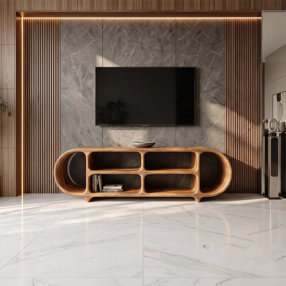 Sculptural TV Stand with Open Shelves | Organic Modern Media Console TH003-2CWG4EI