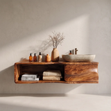 Floating Bathroom Vanity with Sculpted Cabinet & Open Shelf | Modern Wall Mounted Vanity
