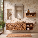 Floating Bathroom Vanity with Pebble Carved Doors & Open Side Shelves TH003-6VHK3DD