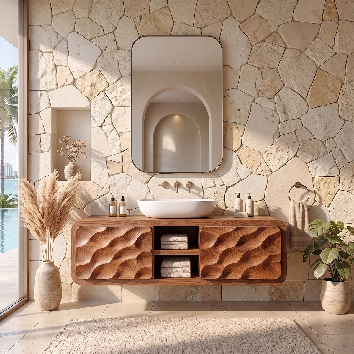 Modern Floating Bathroom Vanity with Wave Carved Doors & Center Open Shelves TH003-3UED6AZ