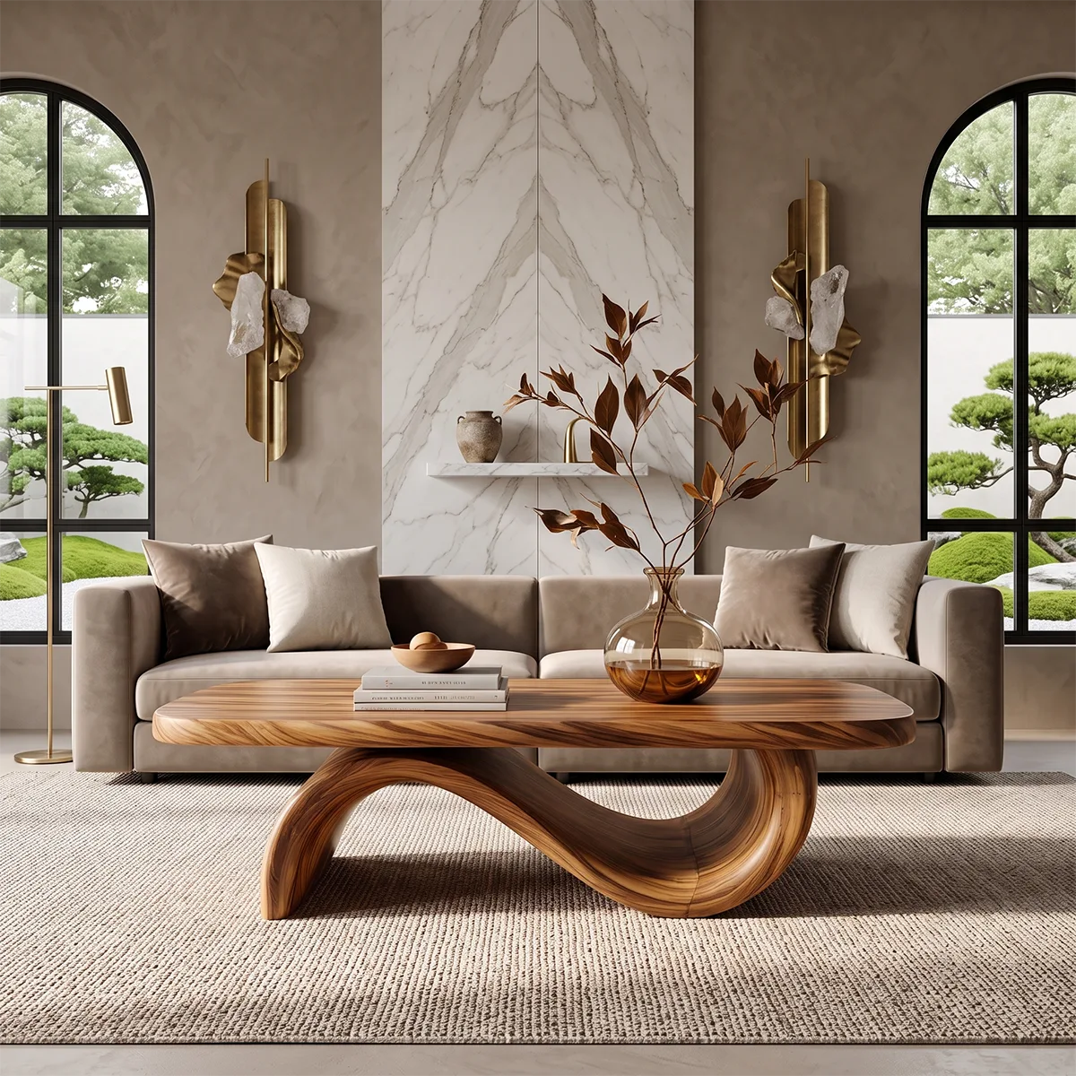 Sculptural Curved Coffee Table with Wave Base | Organic Modern Living Room Center Table