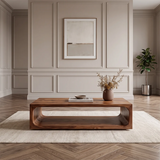Modern Rectangular Coffee Table with Open Shelf | Rounded Sculptural Design