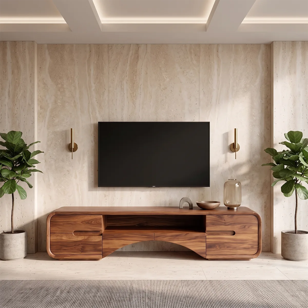 Modern TV Stand with 4 Cabinets & Open Shelves | Organic Media Console TH003-2UWX3PR