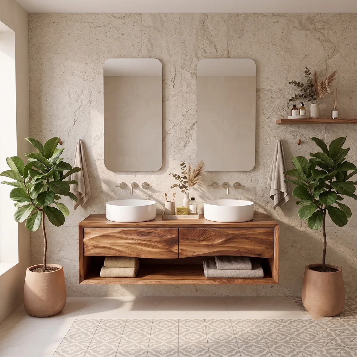 Floating Bathroom Vanity with 2 Sculpted Wave Drawers & Large Open Storage Shelf