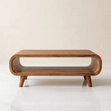 Modern Waterfall Coffee Table with Open Shelf | Mid-Century Curved Center Table for Living Room TH003-3124