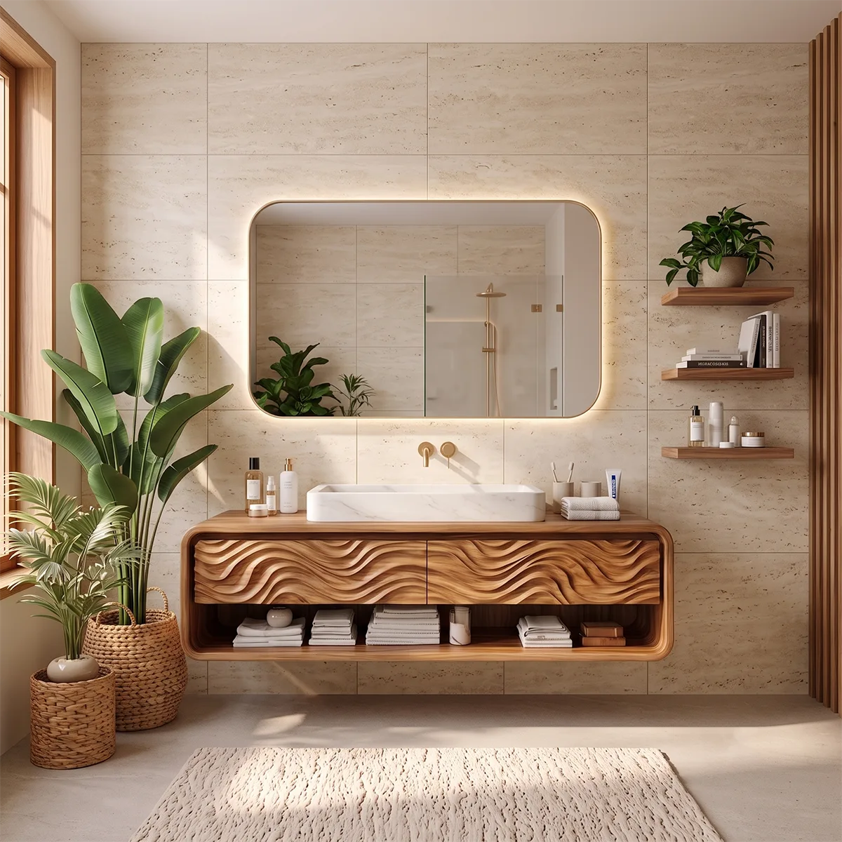 Modern Floating Bathroom Vanity with Drawers & Open Shelf | Wall-Mounted Vanity with Rounded Waterfall Design TH003-4NBY6SF