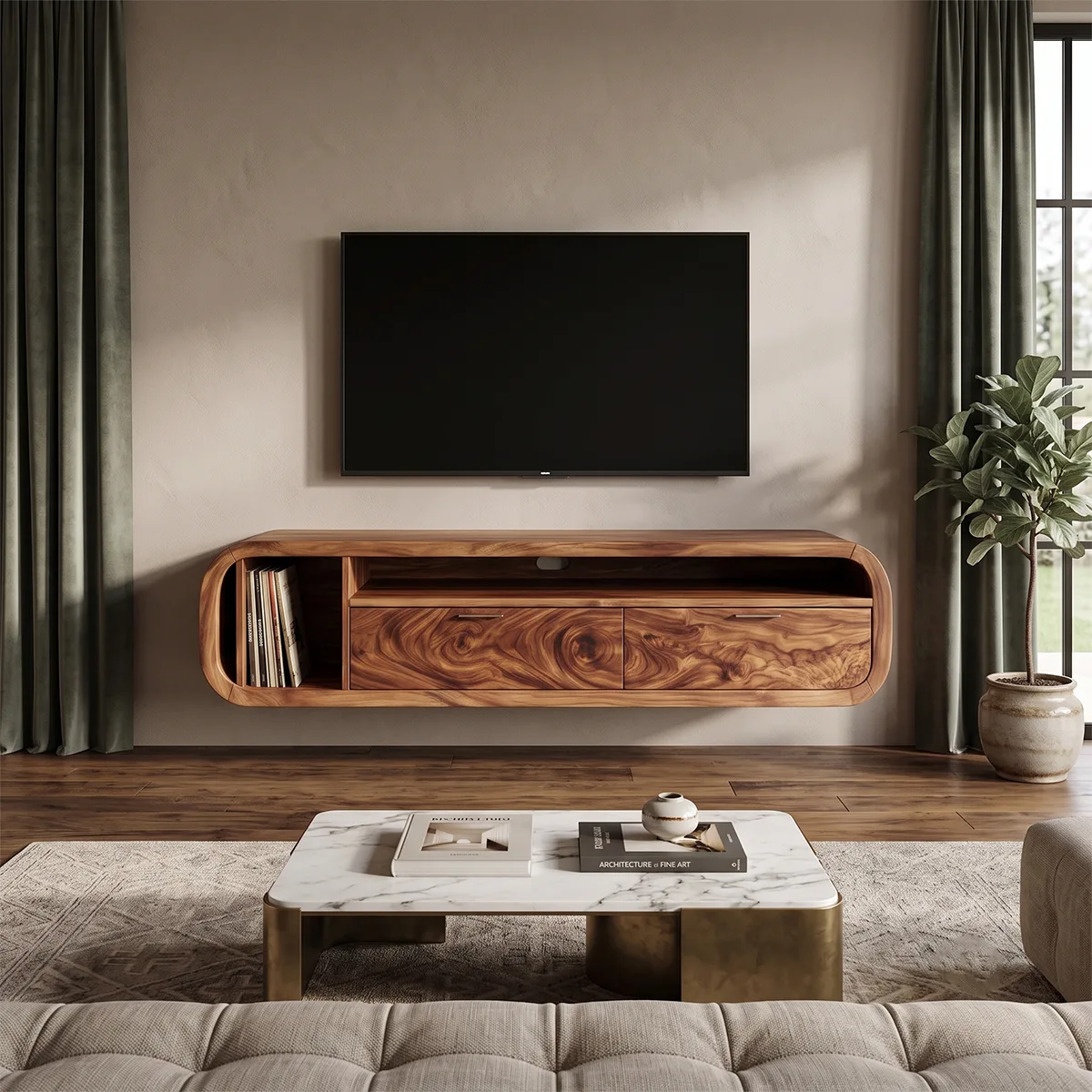 Floating TV Stand with 2 Drawers & Open Storage | Modern Media Console TH003-7DOM5TA