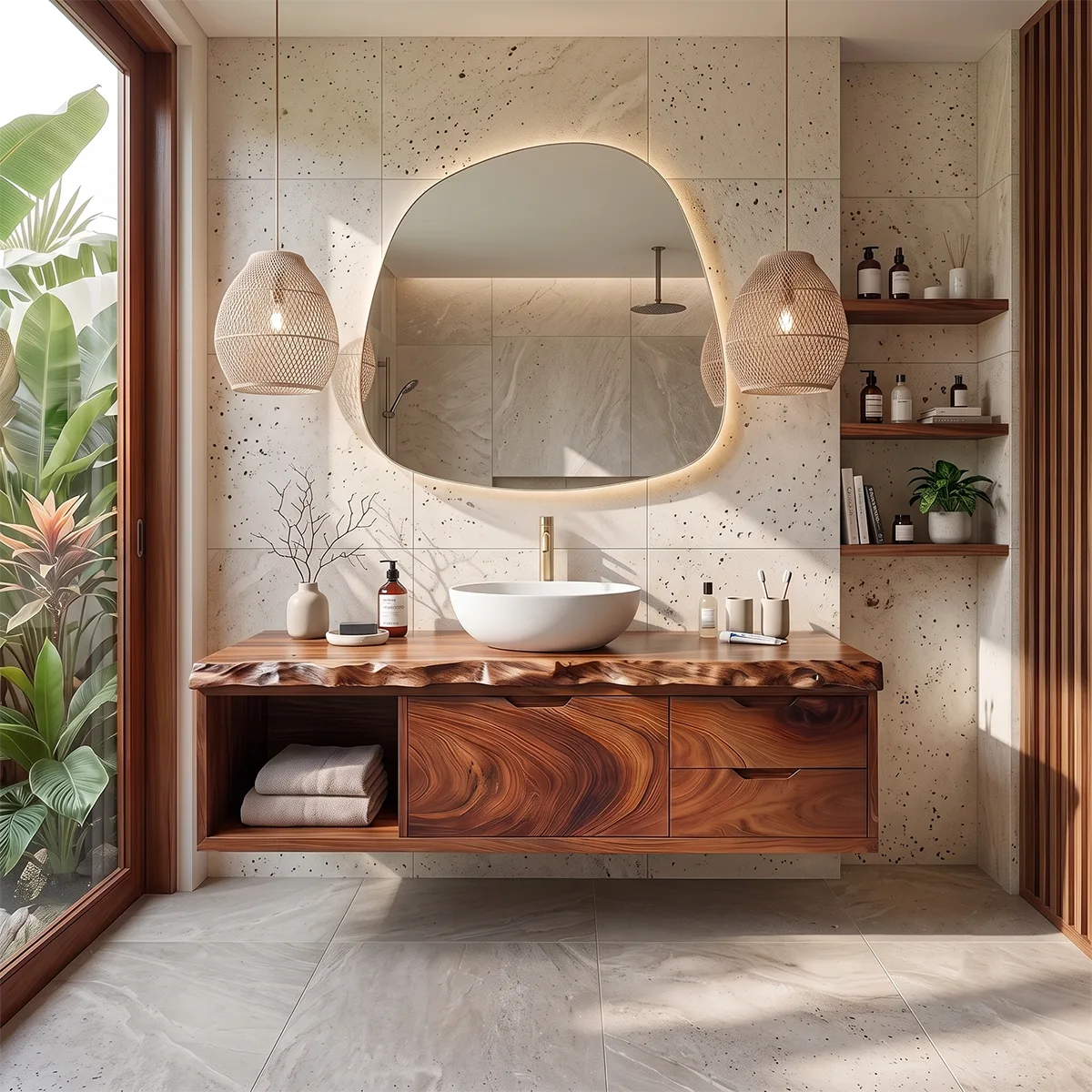 Floating Bathroom Vanity with Cabinet, Two Drawers & Open Shelf | Modern Live Edge Bathroom Vanity TH003-4SBL5MC