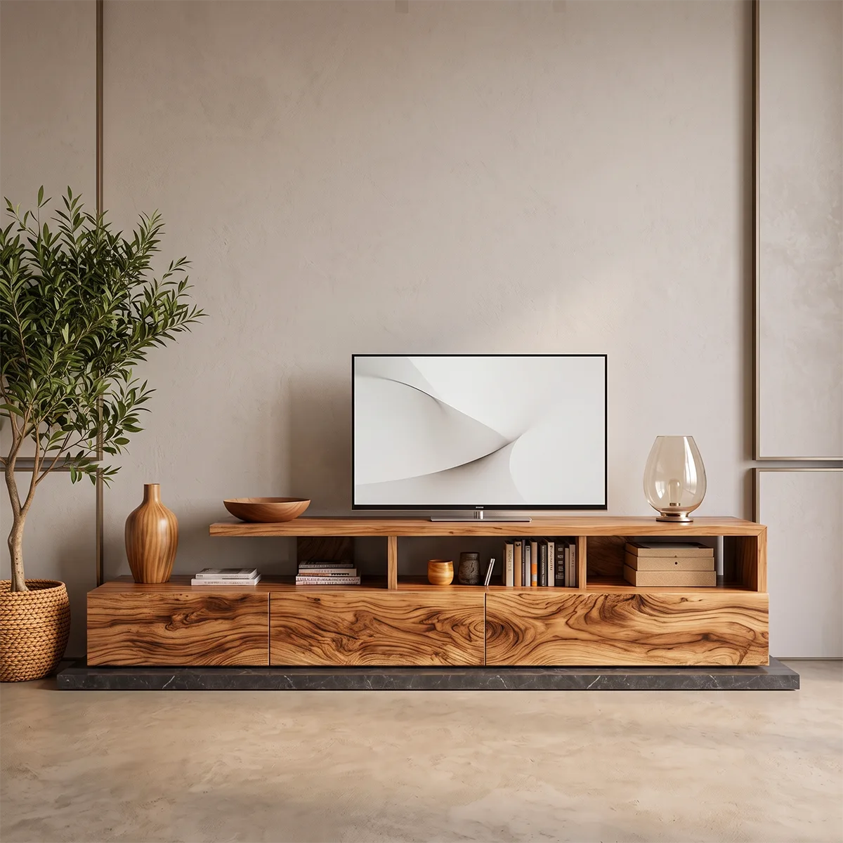 Modern TV Stand with 3 Drawers & Open Shelves | Organic Media Console TH003-4VZY8SF