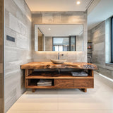 Live Edge Bathroom Vanity with Open Shelf & Drawers | Modern Organic Bathroom Cabinet