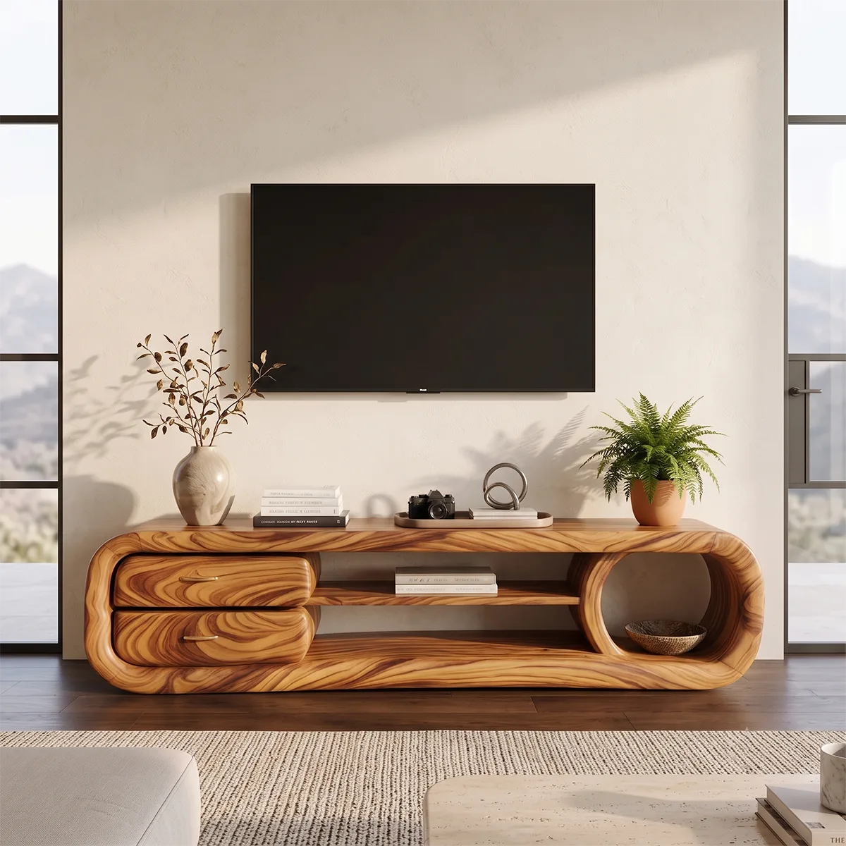 Organic Modern TV Stand with Sculptural Frame & Storage Drawers | Designer Media Console TH003-6JMS7OZ