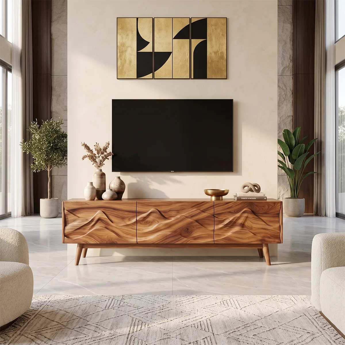 Mountain Relief TV Stand with Dual Cabinets & Center Drawer | Modern Media Console TH003-4KCH4LO