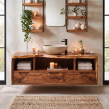 Live Edge Floating Bathroom Vanity with 3 Drawers & Open Storage Shelves | Modern Wall Mounted Vanity