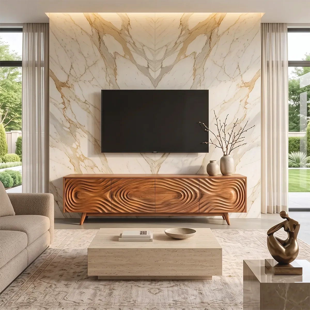 Topographic Relief TV Stand with Dual Cabinets & Center Drawers | Modern Media Console TH003-1QEW8AF