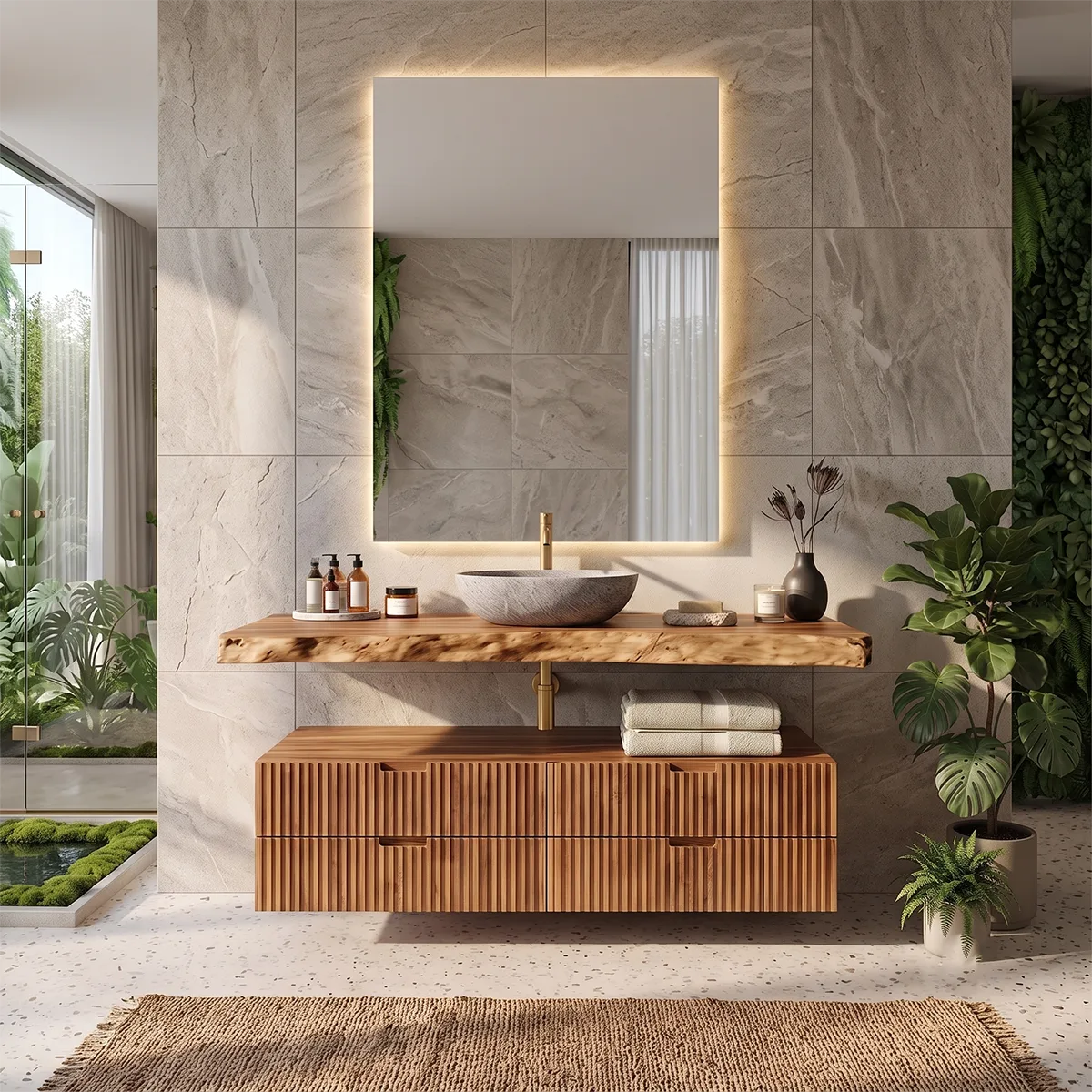 Floating Fluted Bathroom Vanity | Modern Live Edge Wood Vanity TH003-8BWH6MI